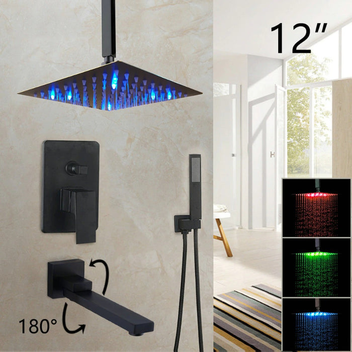8/16 Inches Matte Black Square LED Waterfall Spray Shower Set | Contemporary Style