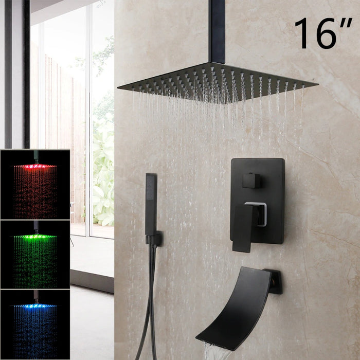 8/16 Inches Matte Black Rainfall Shower LED Faucet Set