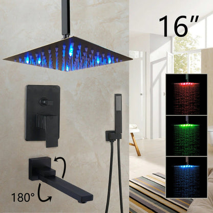 8/16 Inches Matte Black Square LED Waterfall Spray Shower Set | Contemporary Style