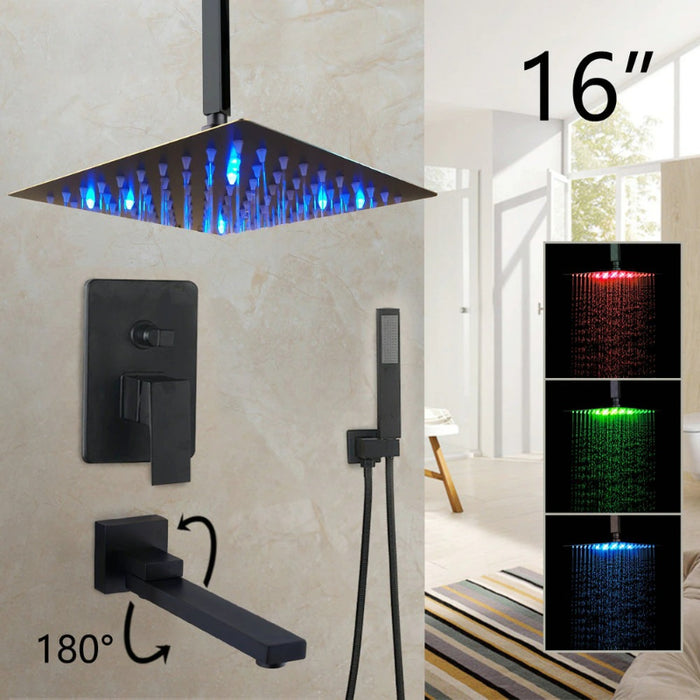 8/16 Inches Matte Black Square LED Waterfall Spray Shower Set | Contemporary Style