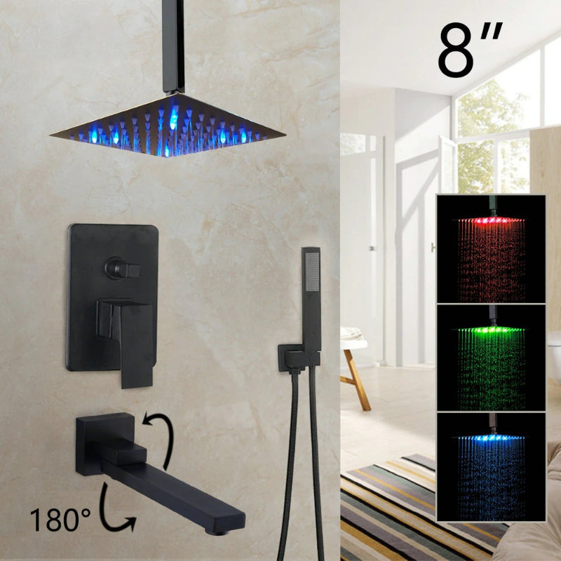 8/16 Inches Matte Black Square LED Waterfall Spray Shower Set | Contemporary Style