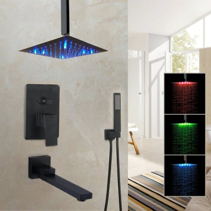 8/16 Inches Matte Black Square LED Waterfall Spray Shower Set | Contemporary Style