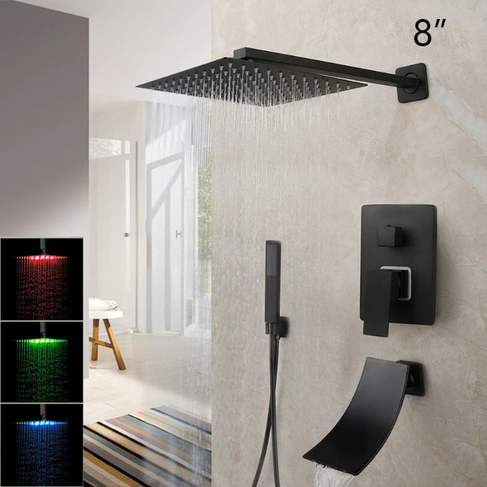 8/16 Inches Matte Black Square Shower LED Faucet Set