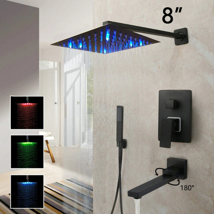 8/16 Inches Matte Black Square LED Waterfall Spray Shower Set