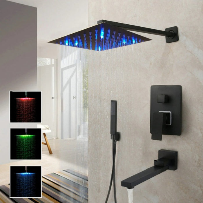 8/16 Inches Matte Black Square LED Waterfall Spray Shower Set