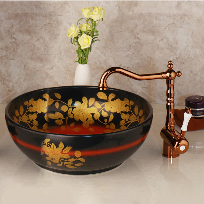 Hand Painted Ceramic Bowl Sink And Brass Faucet