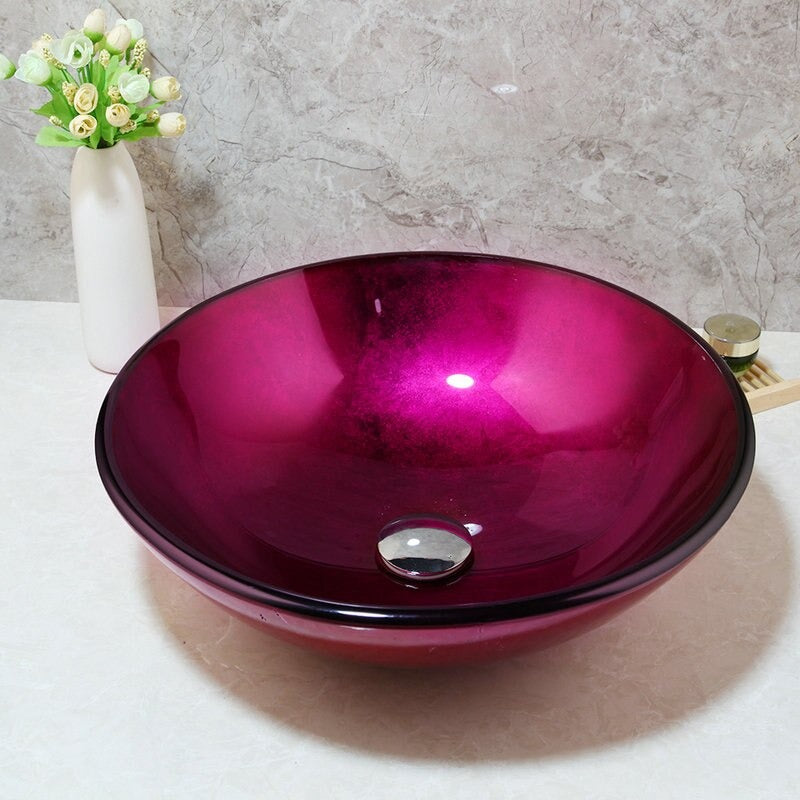 Rose Red Unique Tempered Glass Basin Sink With Faucet