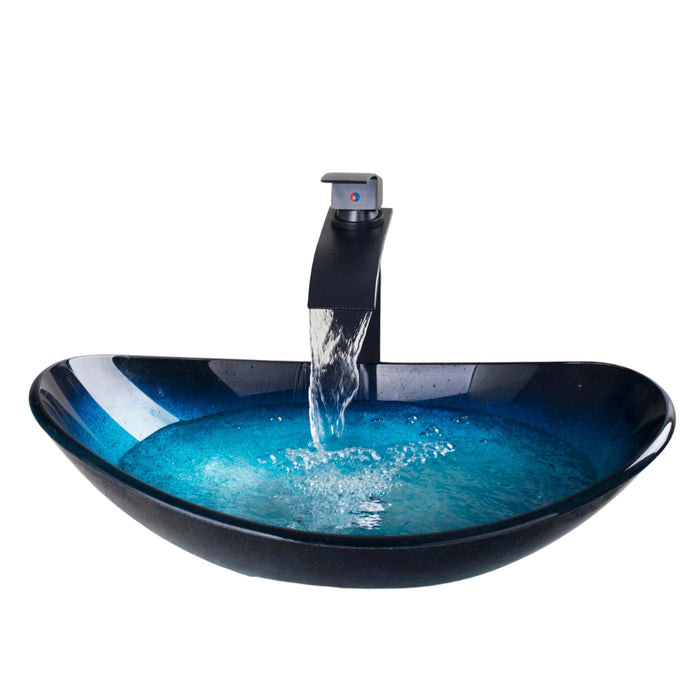 Tempered Glass Hand Painted Waterfall Spout Black Tap Bathroom Sink