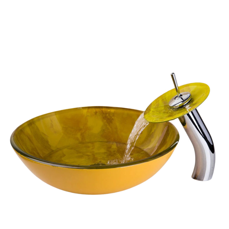 Yellow Washbasin Counter Glass Sinks Faucet Set