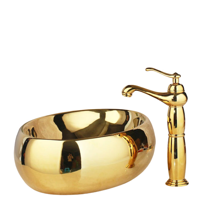 Golden Ceramic Washbasin Sink Embossed Faucet Brass Set