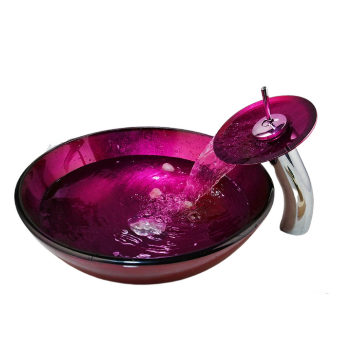 Rose Red Unique Tempered Glass Basin Sink With Faucet