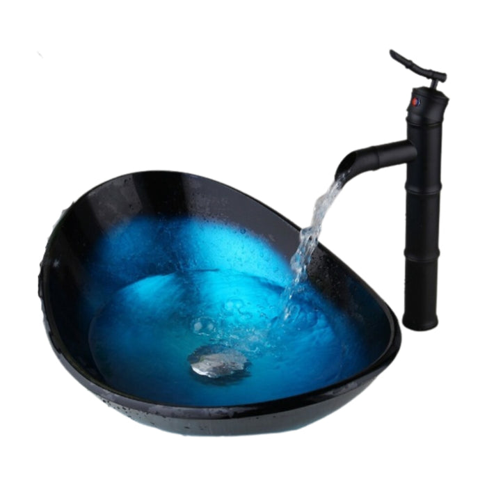 Blue Tempered Glass Basin Sink Faucet Vessel Drain Combo Set