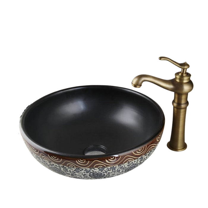 Antique Brass Round Ceramic Wash Basin Faucet Set
