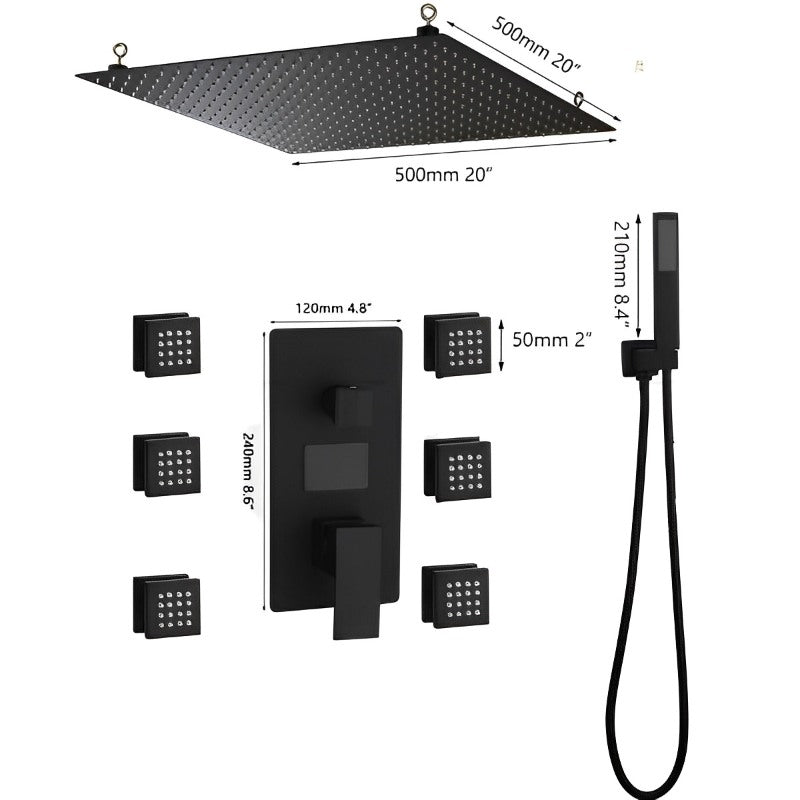 Black Wall Mounted Square Style Waterfall Shower Set