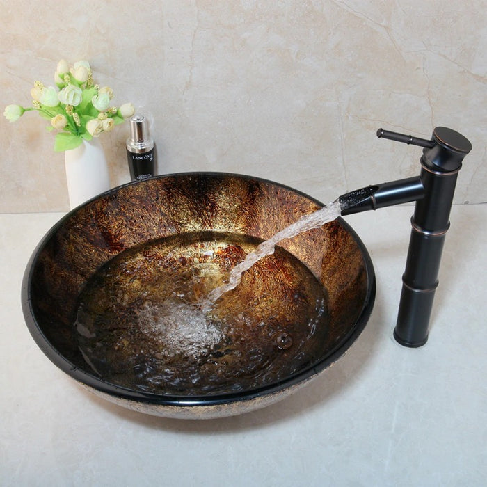Brown Round Glass Vessel Sink Faucet Set
