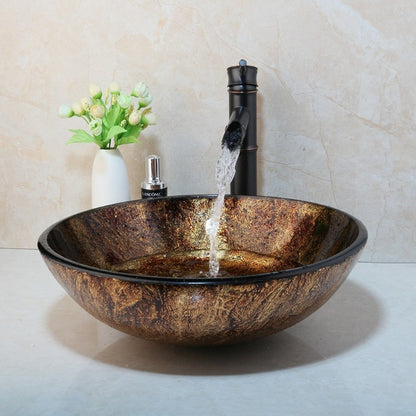 Brown Round Glass Vessel Sink Faucet Set