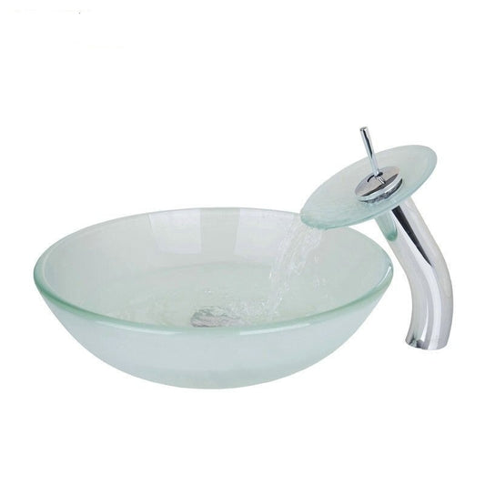 Translucent Tempered Glass Vessel Sink With Waterfall Faucet