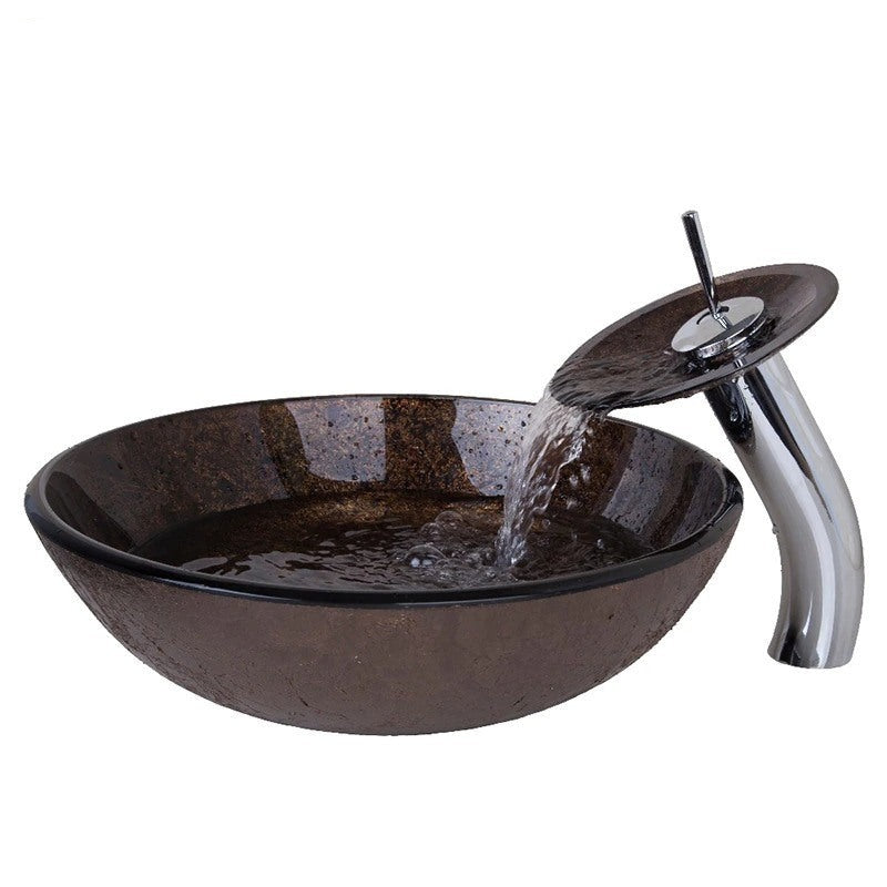 Dark Brown Tempered Glass Hand-Painted Sink Set