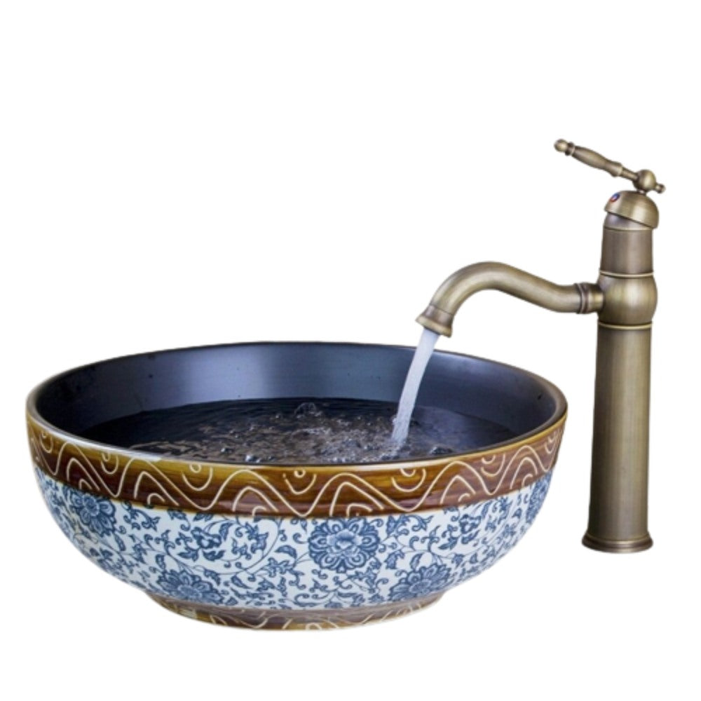 Traditional Flower Design Ceramic Washbasin Faucet Set