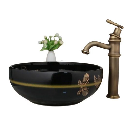 Black Round Flower Design Bowl Vessel Sinks