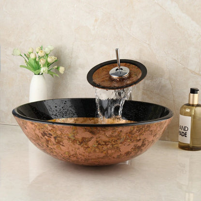 Tempered Glass Sink With Chrome Waterfall Faucet Set