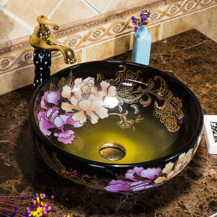 Peony Flower Art Black Round Ceramic Bathroom Basin