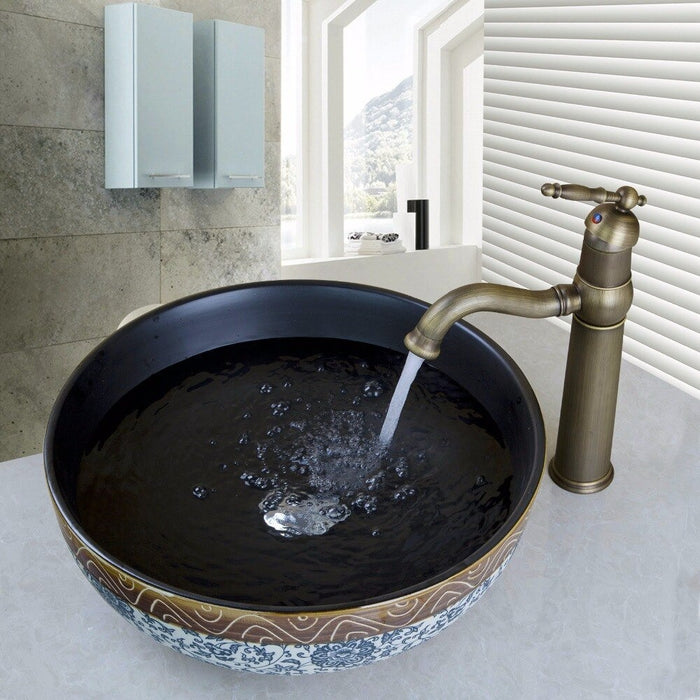 Traditional Flower Design Ceramic Washbasin Faucet Set