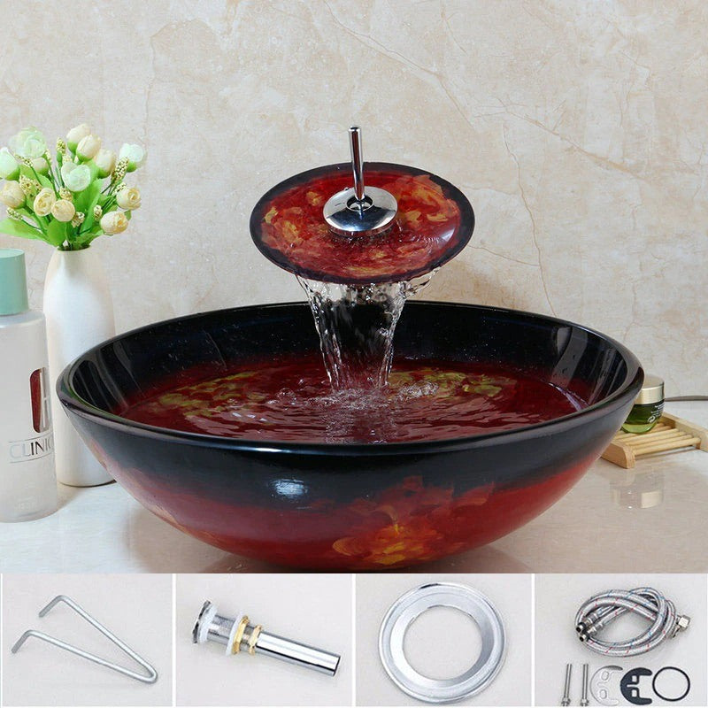 Red Marble Vein Double Layer Tempered Glass Sink Set