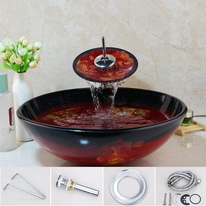 Red Marble Vein Double Layer Tempered Glass Sink Set