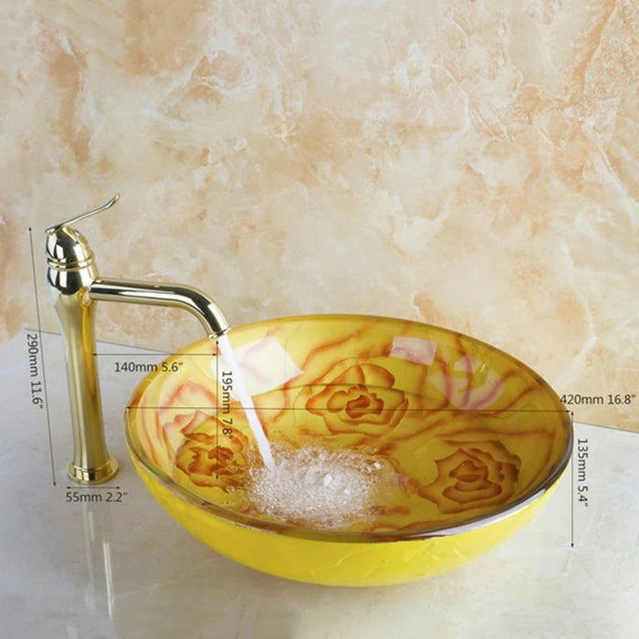 Yellow Rose Painting Round Bathroom Sink Set