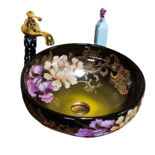Peony Flower Art Black Round Ceramic Bathroom Basin