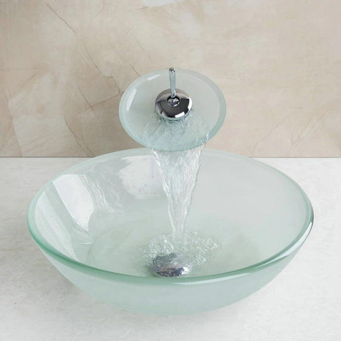 Translucent Tempered Glass Vessel Sink With Waterfall Faucet