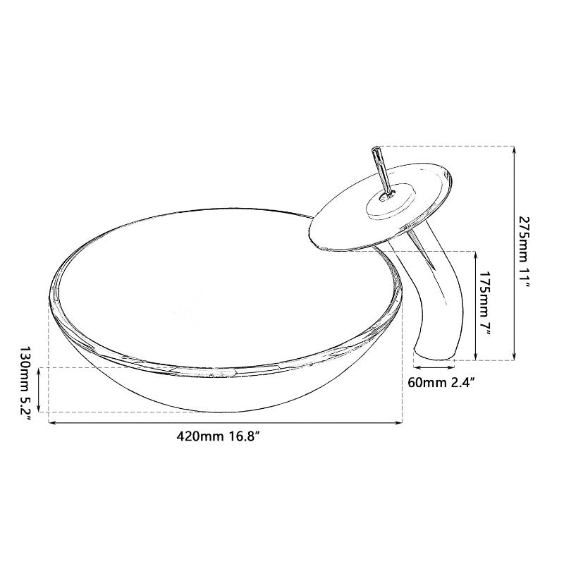 Tempered Glass Sink With Chrome Waterfall Faucet Set