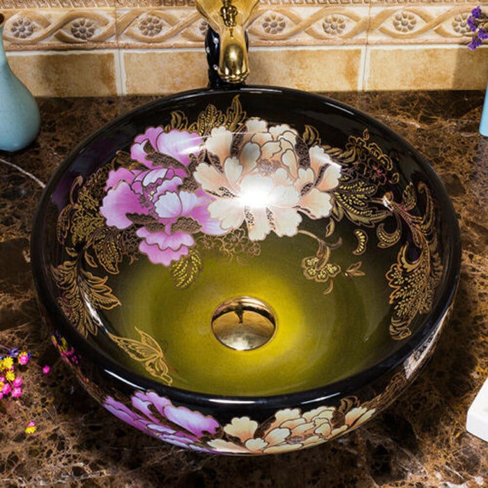 Peony Flower Art Black Round Ceramic Bathroom Basin