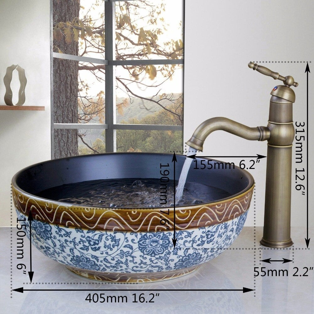 Traditional Flower Design Ceramic Washbasin Faucet Set