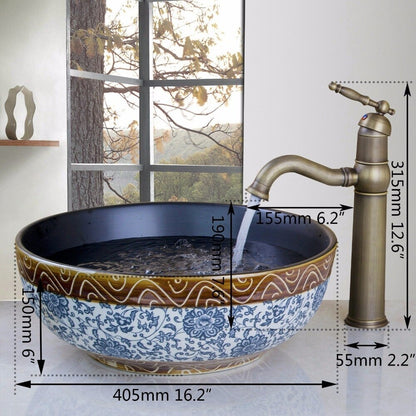 Traditional Flower Design Ceramic Washbasin Faucet Set