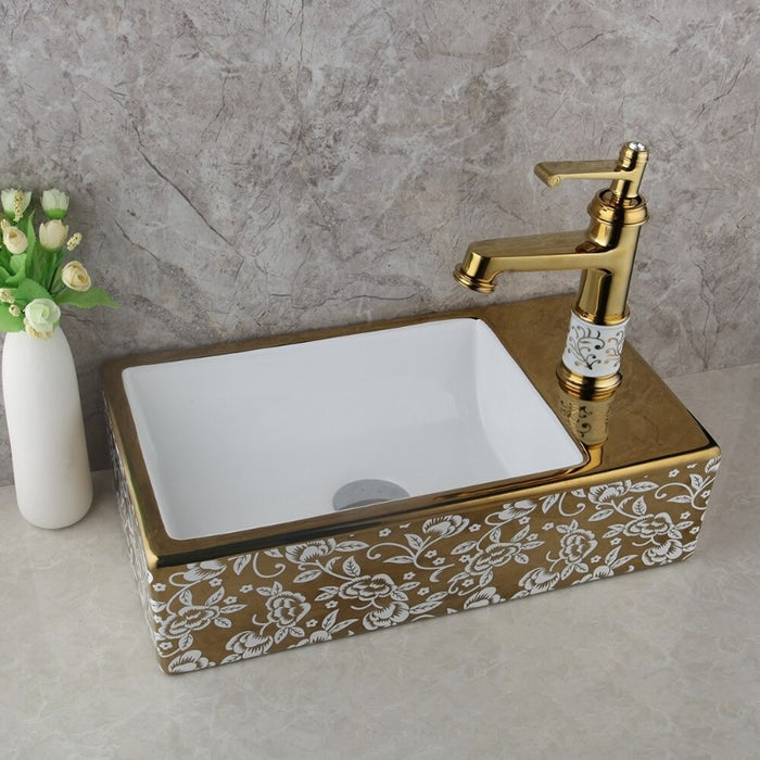 Golden Ceramic Washbasin Vessel Faucet Set