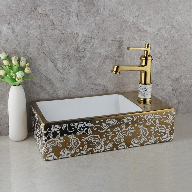 Golden Ceramic Washbasin Vessel Faucet Set