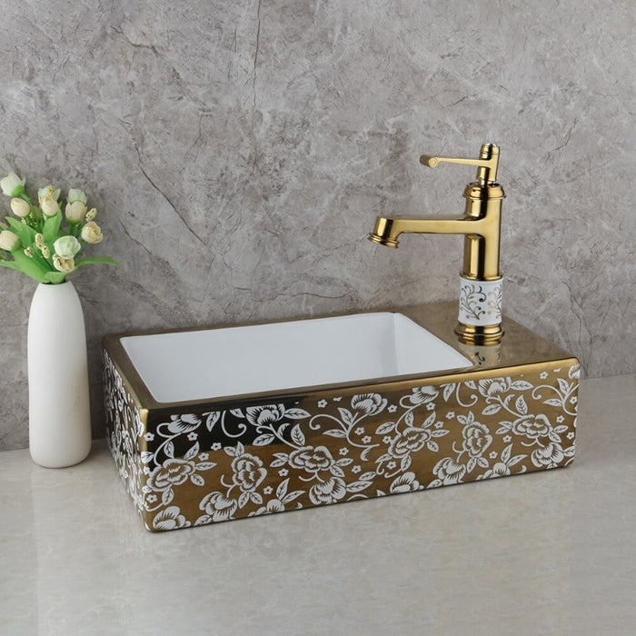 Golden Ceramic Washbasin Vessel Faucet Set