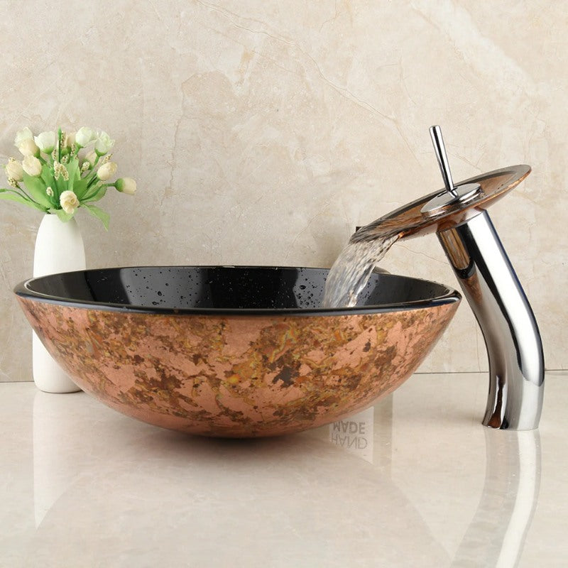 Tempered Glass Sink With Chrome Waterfall Faucet Set