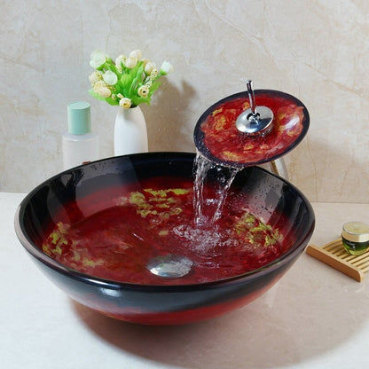 Red Marble Vein Double Layer Tempered Glass Sink Set