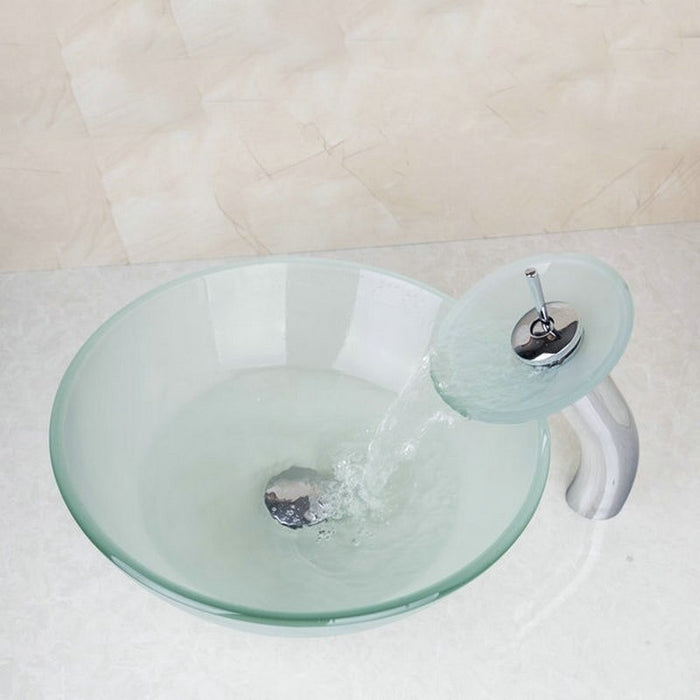 Translucent Tempered Glass Vessel Sink With Waterfall Faucet