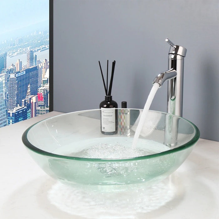 Brushed Nickel Bathroom Tempered Glass Sink Set