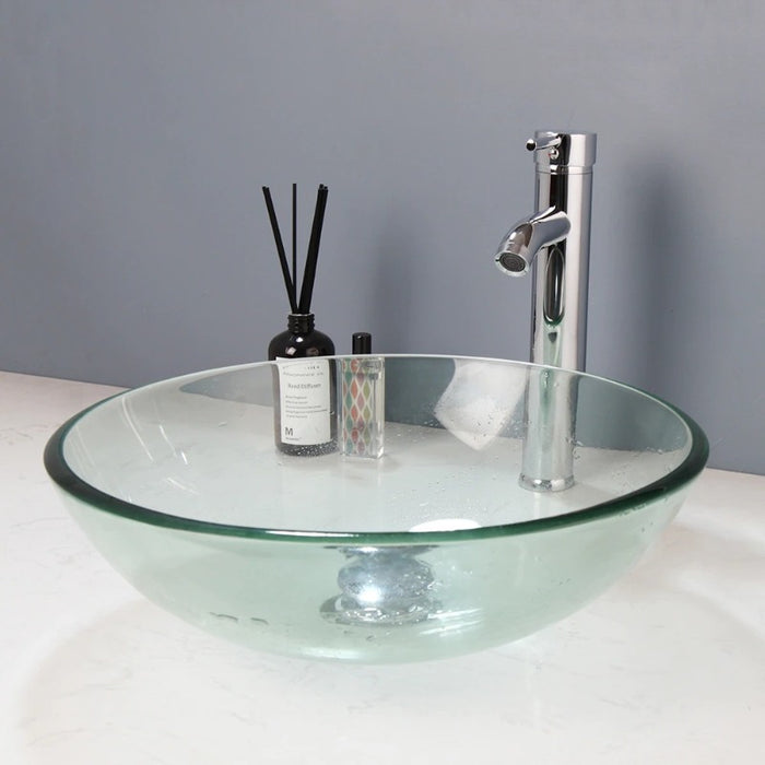 Brushed Nickel Bathroom Tempered Glass Sink Set