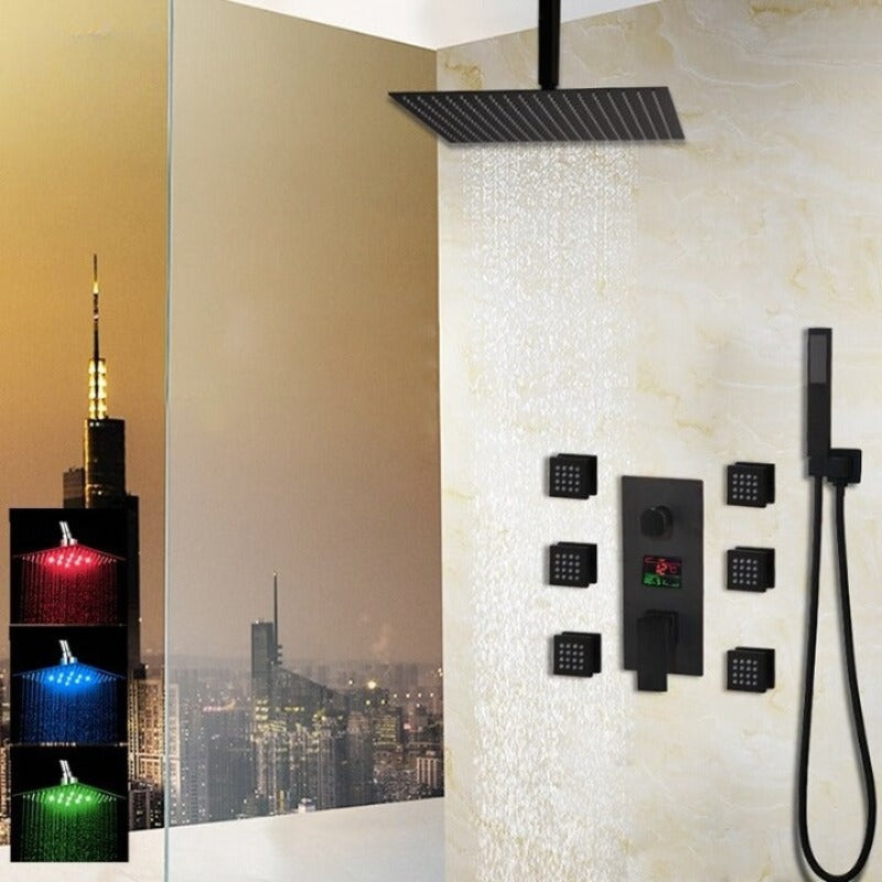 Black Wall Mounted Square Style Brass Waterfall LED Shower Set