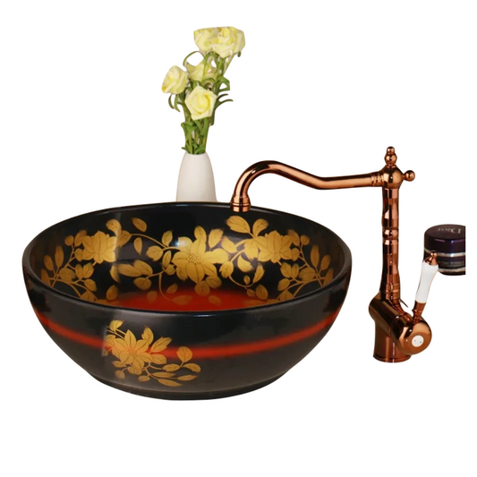 Hand Painted Ceramic Bowl Sink And Brass Faucet