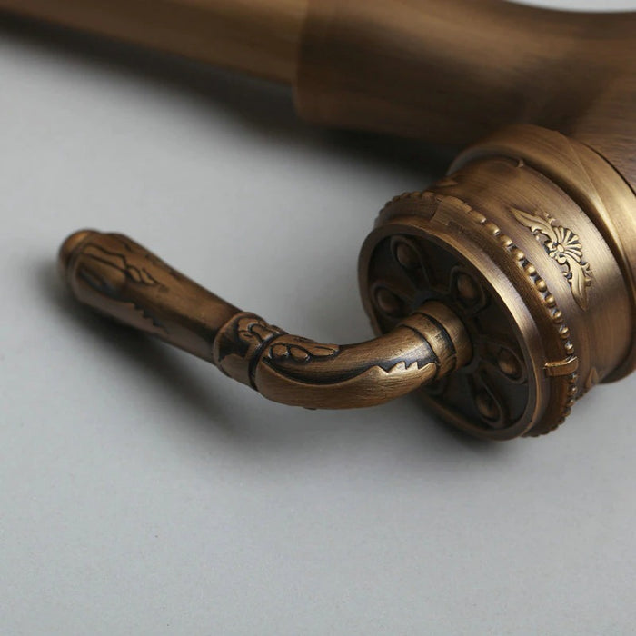 Antique Brass Vintage Engraved Handle Faucet Mixer Tap