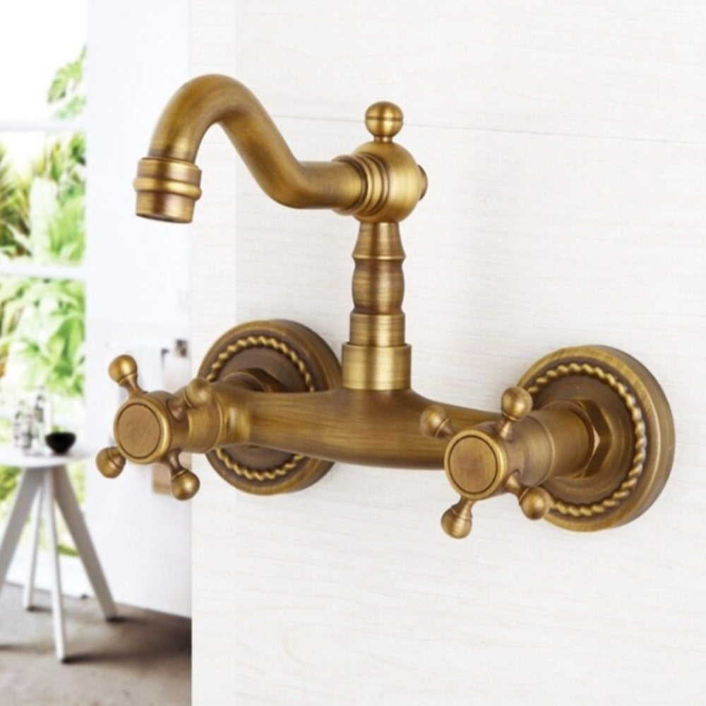 Antique-Brass Wall Mounted Shower Faucet Basin Sink Tap