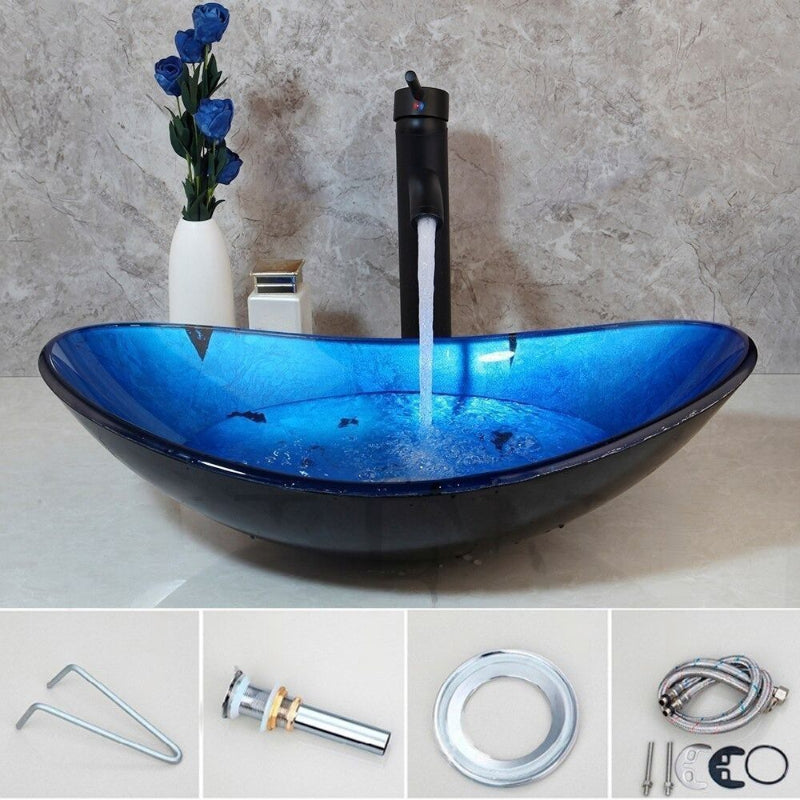 Art Basin Blue Hand Paint Bathroom Glass Basin