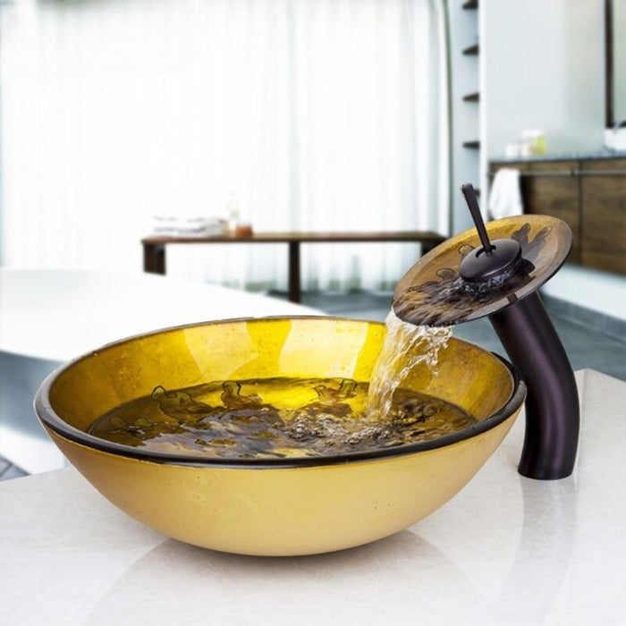 Yellow Hand Painting Bowl Glass Basin Countertop Mixer Tap Faucet Set
